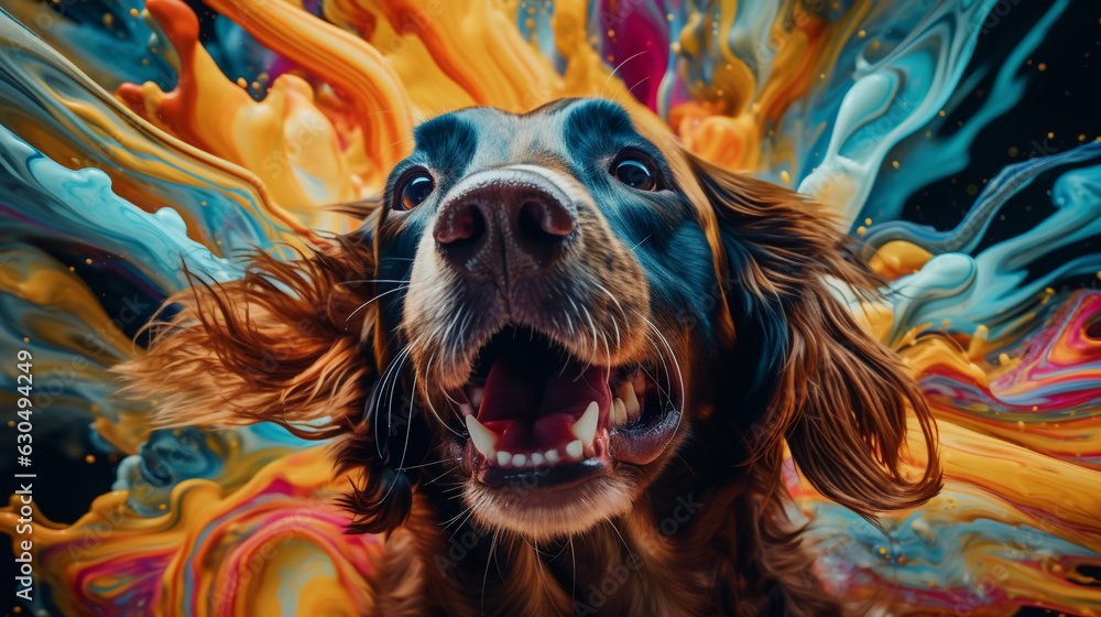 Abstract swirls and colors representing a dog responding to a clicker, swatches of color representing the sound waves and the dog's reaction