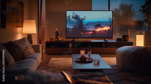 Living room bathed in soft evening light, cozy setting, smart TV with voice command logo on screen, soundbar beneath, IoT devices seamlessly integrated, warm ambient lighting