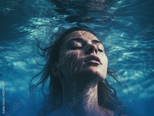 Woman swimming underwater in a blue pool © neirfy