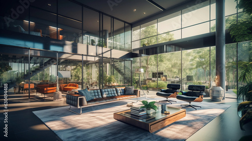 Luxurious smart home interior  mid - century modern design  sunlight pouring in through large windows  highlighting an array of IoT devices like a voice - activated assistant  smart thermostat  automa