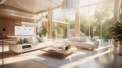Luxurious smart home interior, mid - century modern design, sunlight pouring in through large windows, highlighting an array of IoT devices like a voice - activated assistant, smart thermostat, automa