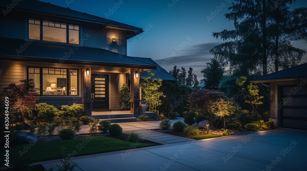 Secure home scene - exterior view of a smart home during twilight, security cameras clearly visible, smart doorbell glowing, lush suburban setting, serene and safe