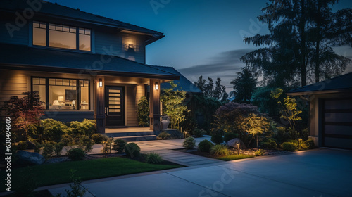Fotografija Secure home scene - exterior view of a smart home during twilight, security came