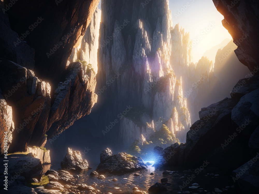 Light above the rocky clifs somewhere in another world - AI Generative