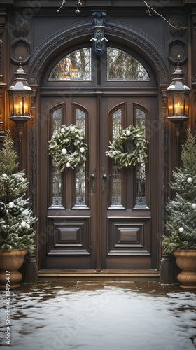 Beautiful Christmas Decorated Front Door and Porch of A House on A Winter Evening.