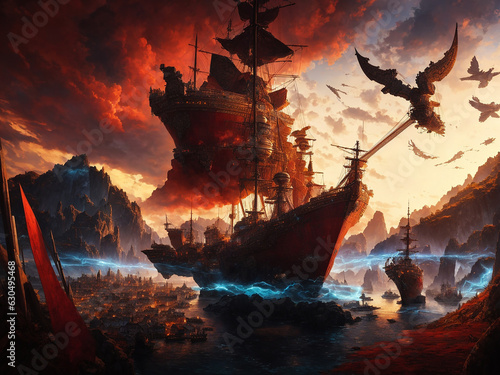 Norse Mythology Ships sialing across a vast ocean - AI Generative