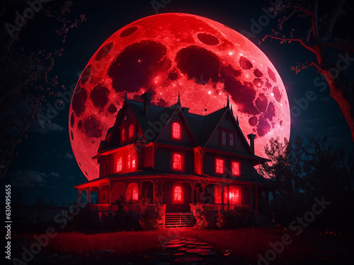 Terrifying Halloween House at the Dead of Night with Red Moon - AI Generative
