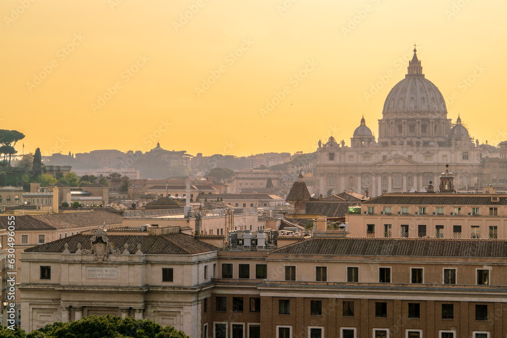 Elevated view of rome's skyline with The dome of St. Peter's Basilica in the Vatican, rome, Italy