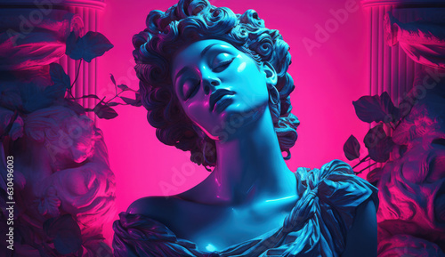 Synthwave roman statue of  a woman with headphones listen to music and relax