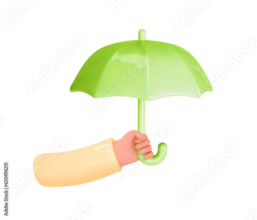 Hand holding umbrella. 3d realistic icon. Vector illustration in cartoon style