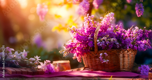 Beautiful delicate wicker basket with lavender flowers in the sun. with bokeh. Ai generation
