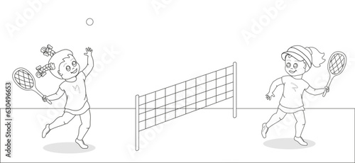 Two cute girls playing on the tennis court. Black and white. Childish vector illustration for coloring book.