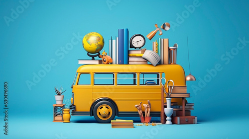 AI generated, vector illustration, americal yellow schoolbus with school accessories on a blue background. Back to school theme, back to school theme. photo