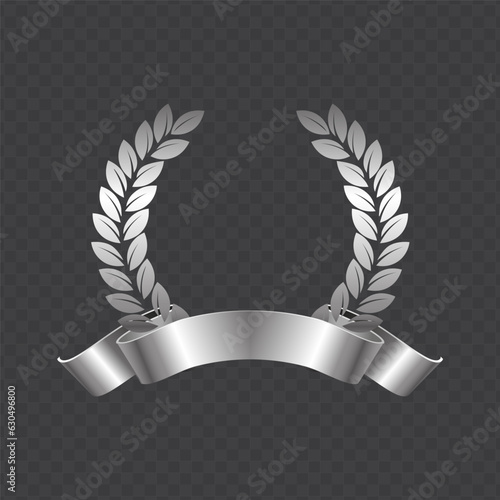 Vector silver laurel with ribbon. Isolated laurel wreath frame. Trophy medal. Award icon, winner emblem. Vector EPS10