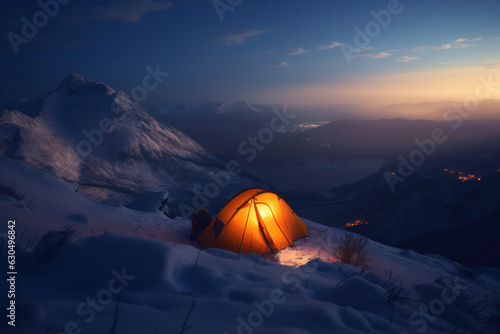 Pitched tent beneath the starry sky in a snowy wilderness at night a surreal winter adventure. AI Generative