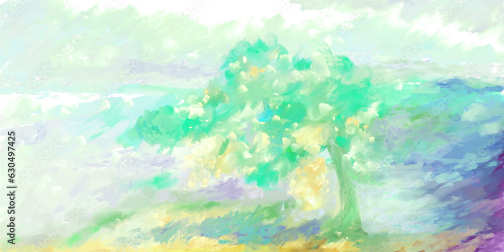 Impressionistic Light & Uplifting Summer Trees on the Hillside - Digital Painting/Illustration/Art/Artwork Background or Backdrop, or Wallpaper