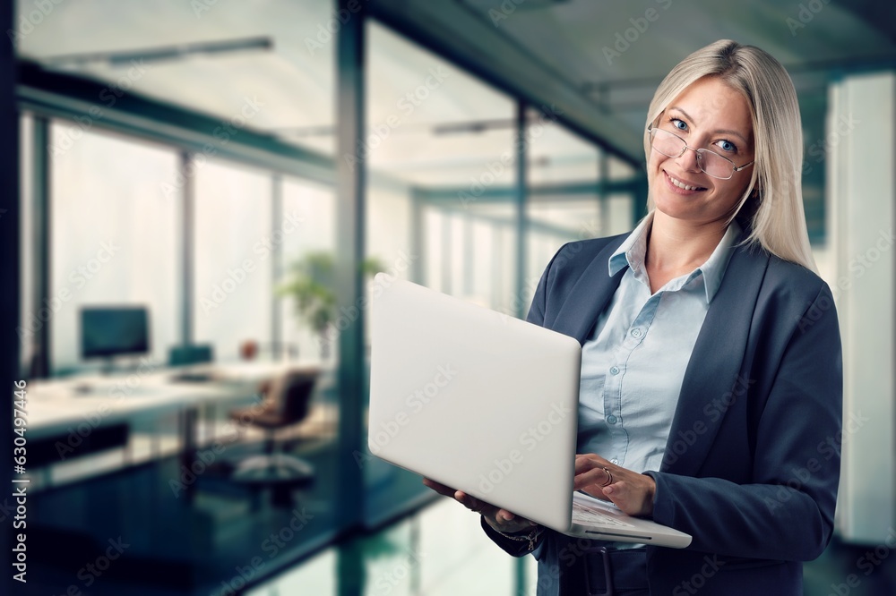 Portrait of young smart business woman hold laptop, AI generated image Portrait of young smart business woman hold laptop, AI generated image