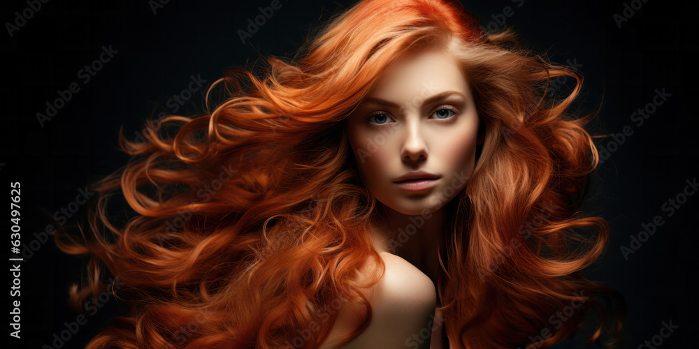 Young woman with healthy long red hair. Glossy wavy beautiful hair