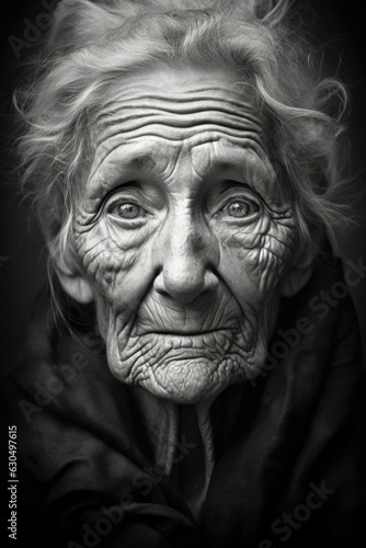 Old woman face. Black and white photo. Generative AI
