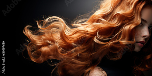 Beautiful girl with long red hair on dark background. Glossy wavy beautiful hair