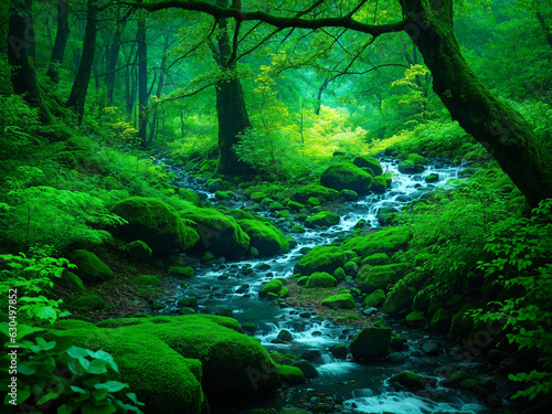 A lush green forest with fresh water stream - AI Generative