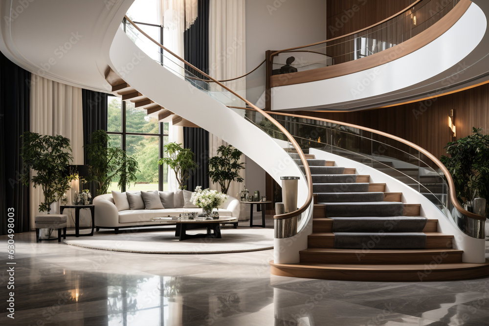 Interior design of modern entrance hall with staircase in villa made ...