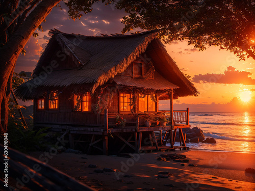 A rustic wooden hut on a seashore surrounded by tropical trees - AI Generative