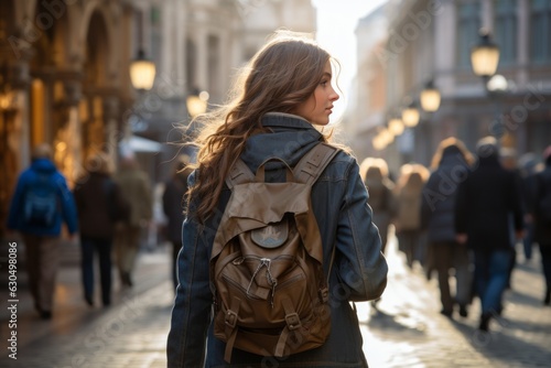 Girl with backpack walking in city