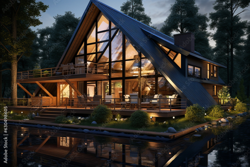Fototapeta premium Future house, futuristic. Smart technologies, energy efficiency, smart control system, autonomous home, materials of the future, virtual and augmented reality, security systems