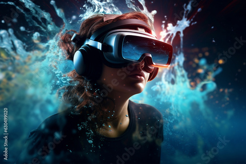A woman wearing virtual reality glasses, metaverse content with ai generated image