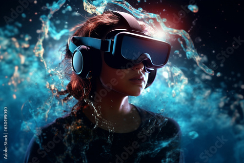 A woman wearing virtual reality glasses, metaverse content with ai generated image photo