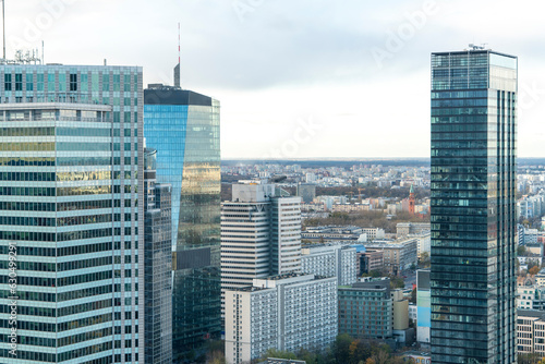 Skyline of the city center with modern business glass towers and hotels  Warsaw  Poland