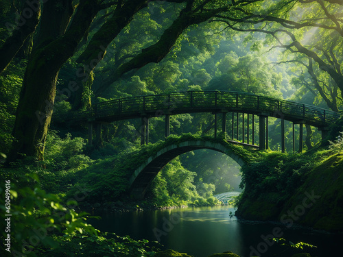 Beautiful view of greenery and a bridge in a jungle - AI Generative