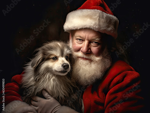 Santa Claus with puppy dog on dark background. Christmas card concept