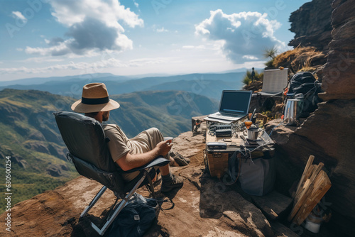 The Concept of Workation and Remote Work on a Mountain. Generative AI.