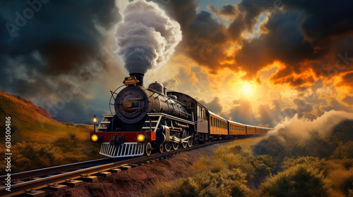 A majestic steam locomotive chugs along a scenic railway track, billowing clouds of steam and leaving a trail of nostalgic charm in its wake. Generative AI