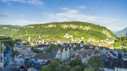 City of Feldkirch in the State of Vorarlberg, Austria. View from Blasenberg toward Schattenburg. Timelapse Video day to night transition.