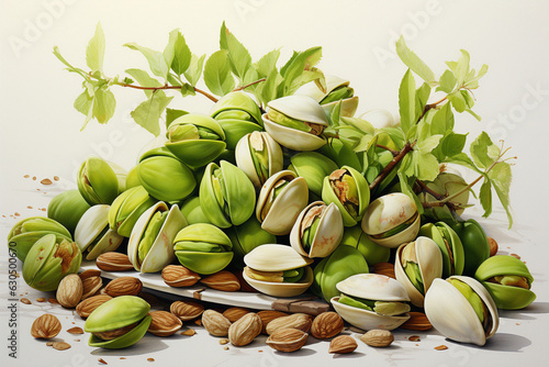 Pistachio tree branch with green leaves and pile of green pistachios on light background. Copy space.