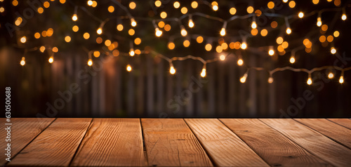 Empty Wood table top with decorative outdoor string lights hanging on tree in the garden at night time. fairy lights. Empty wood table top with blur bokeh light background.digital ai
