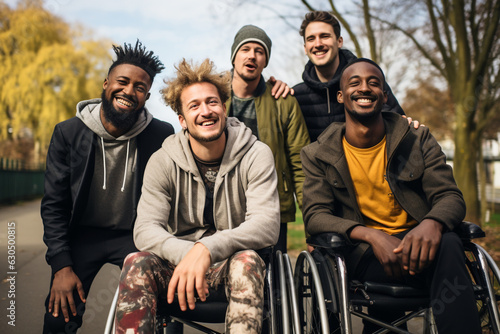 Multi ethnic group having fun in a public park Amputee man hangs out with his friends outdoor Friendship and diversity concept made with AI generative technology