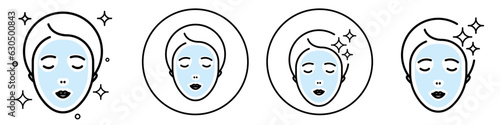Face Mask Sheet symbol Icon. Flat outlined set collection in black and white logo of women girl or lady with cosmetic makeup beauty cleanser. Sign of fresh scrub therapy wash routine clean acne care