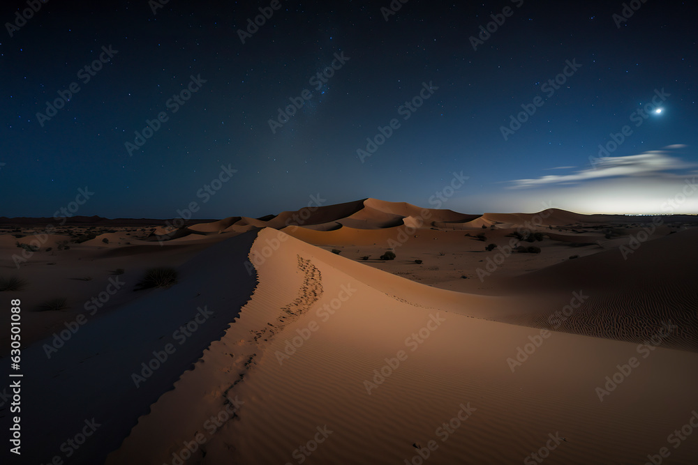 Silent Splendor: Exploring the Enigmatic Sahara Desert's Nighttime Mystique, ai generative Silent Splendor: Exploring the Enigmatic Sahara Desert's Nighttime Mystique, ai generative