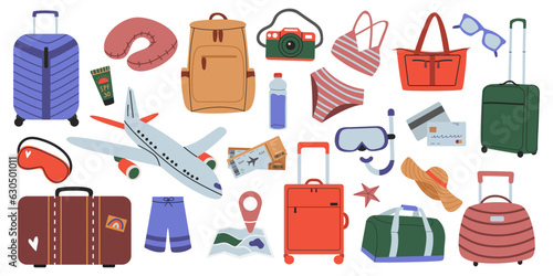 Large Travel Accessory Set. Vacation accessories for a seaside vacation. Set of travel items, suitcases, bags, luggage, bikini, map, airplane, camera. Flat vector illustration isolated on white bg.
