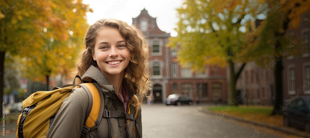 Cute Young Girl with a Backpack Heading Back to School with a Fall City Background