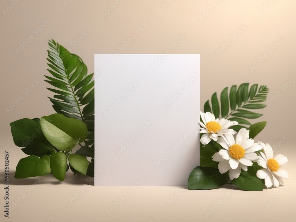 A blank white card mockup with flowers and leaves. A blank white card mockup with flowers and leaves.