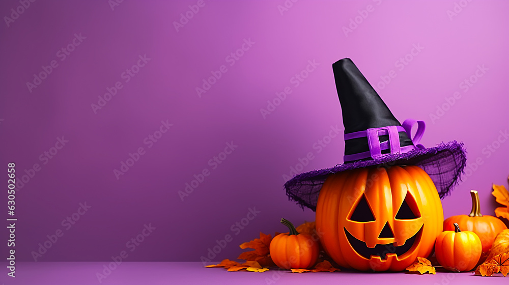 3D style Halloween pumpkin ghost on purple background - obrazy, fototapety, plakaty 