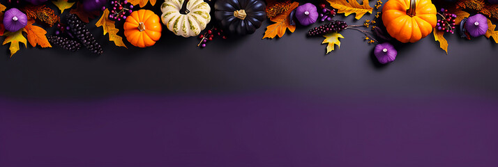 3D style pumpkins and autumn fruits on purple background