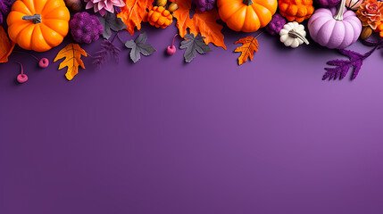 3D style pumpkins and autumn fruits on purple background