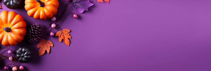 3D style pumpkins and autumn fruits on purple background