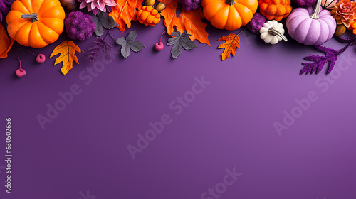 Stampa su tela 3D style pumpkins and autumn fruits on purple background